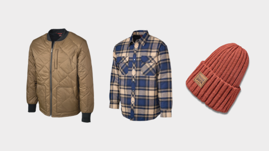 Red/Charcoal Plaid Quilted-Lined Hooded Flannel Jac-Shirt WS06, Black Duck Sherpa-Lined Vest WV06 and Moss Sherpa-Lined Duck Jac-Shirt WS03