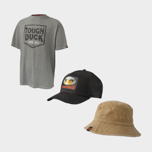 Heather Grey Tough Duck Logo T-Shirt WT08, Black Tough Duck Trucket Hat WA52 and Brown Bucket Hat WA48