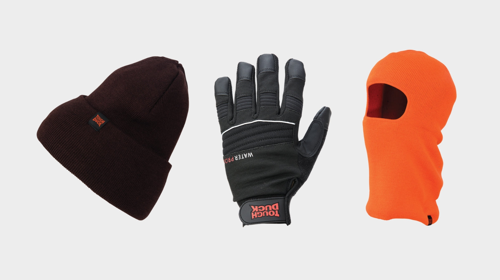 Brown Beanie Watch Cap WA16, Tan Leather Adjustable Pile-Lined Mitt G353 and Fluorescent Orangee Balaclava i361