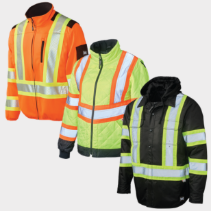 men's and women's safety jackets in fluorescent orange, fluorescent green, and black