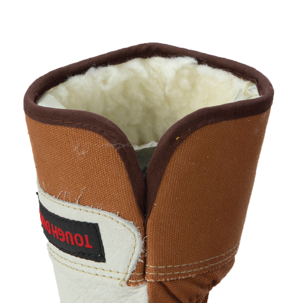 Close-up of thick, warm sherpa lining inside Tough Duck winter work glove, designed for superior heat retention in extreme cold