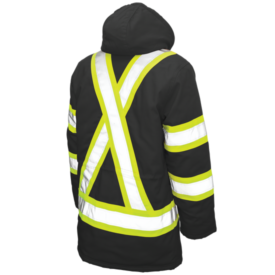 Back of Black duck safety parka