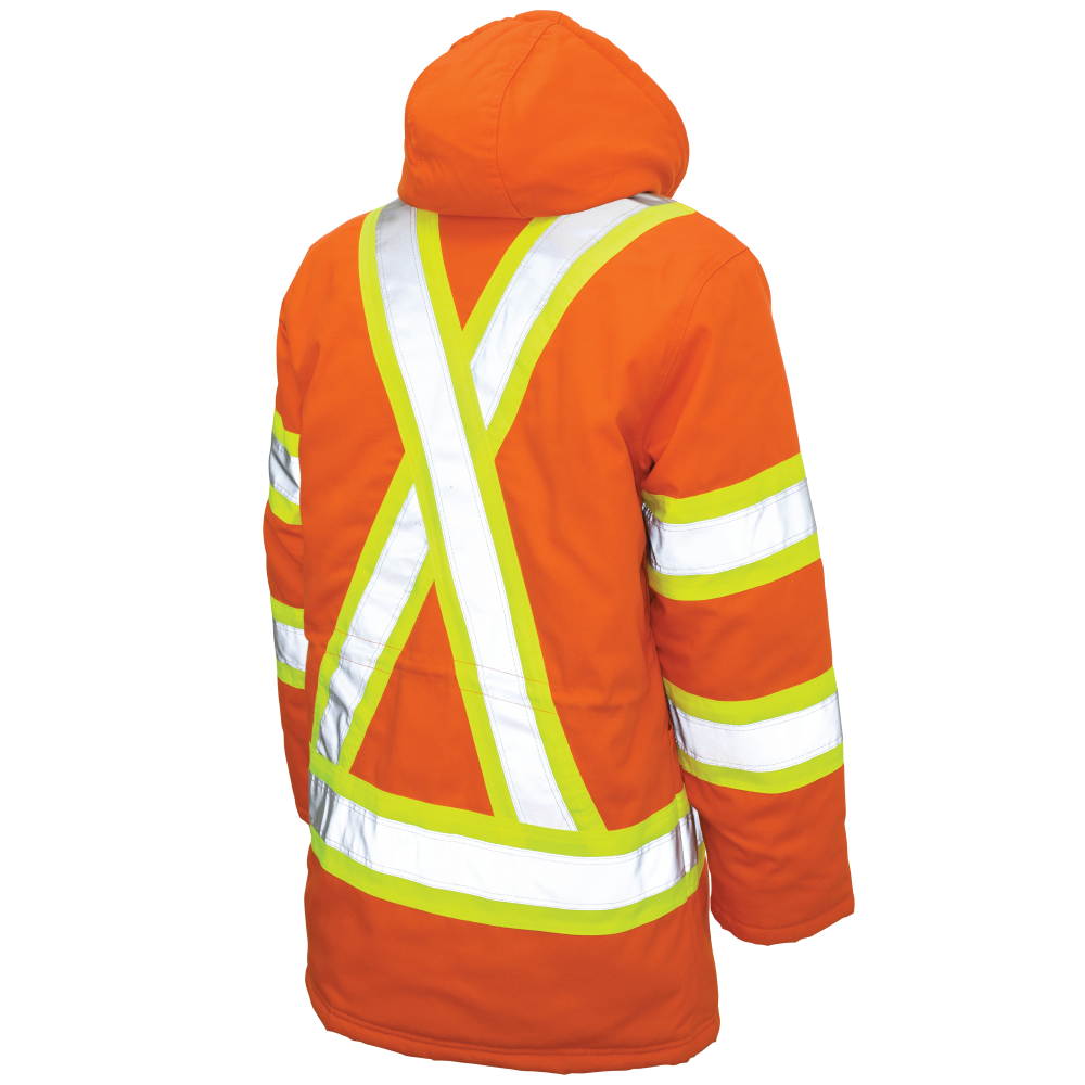 Rear view of Fluorescent Orange duck safety parka with 3M reflective tape on winter site