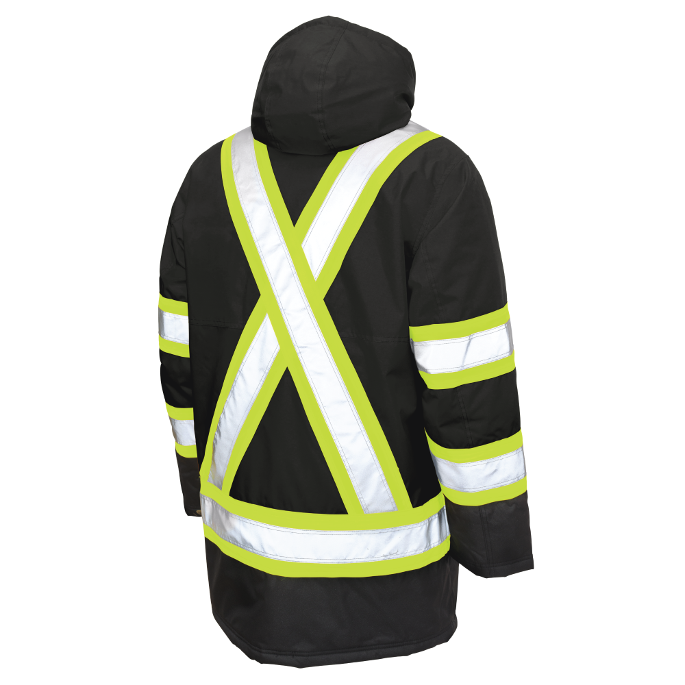 Back of Black poly oxford safety parka