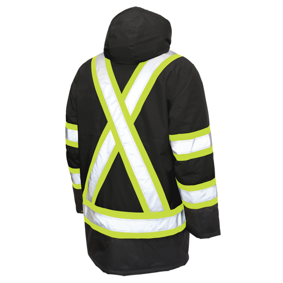 Back of Black poly oxford safety parka