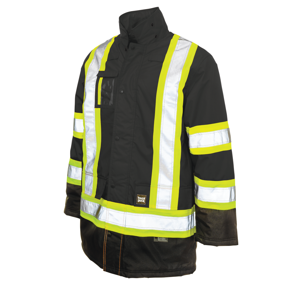 Black poly oxford safety parka hood removed