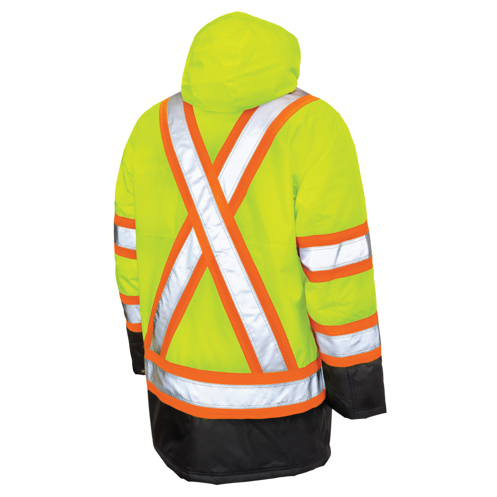 Back of Fluorescent Green poly oxford safety parka