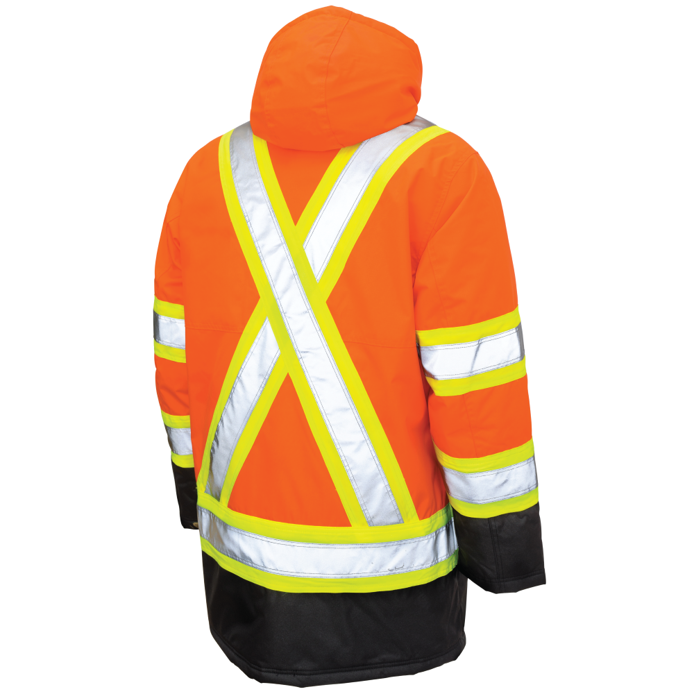 Back of Fluorescent Orange poly oxford safety parka