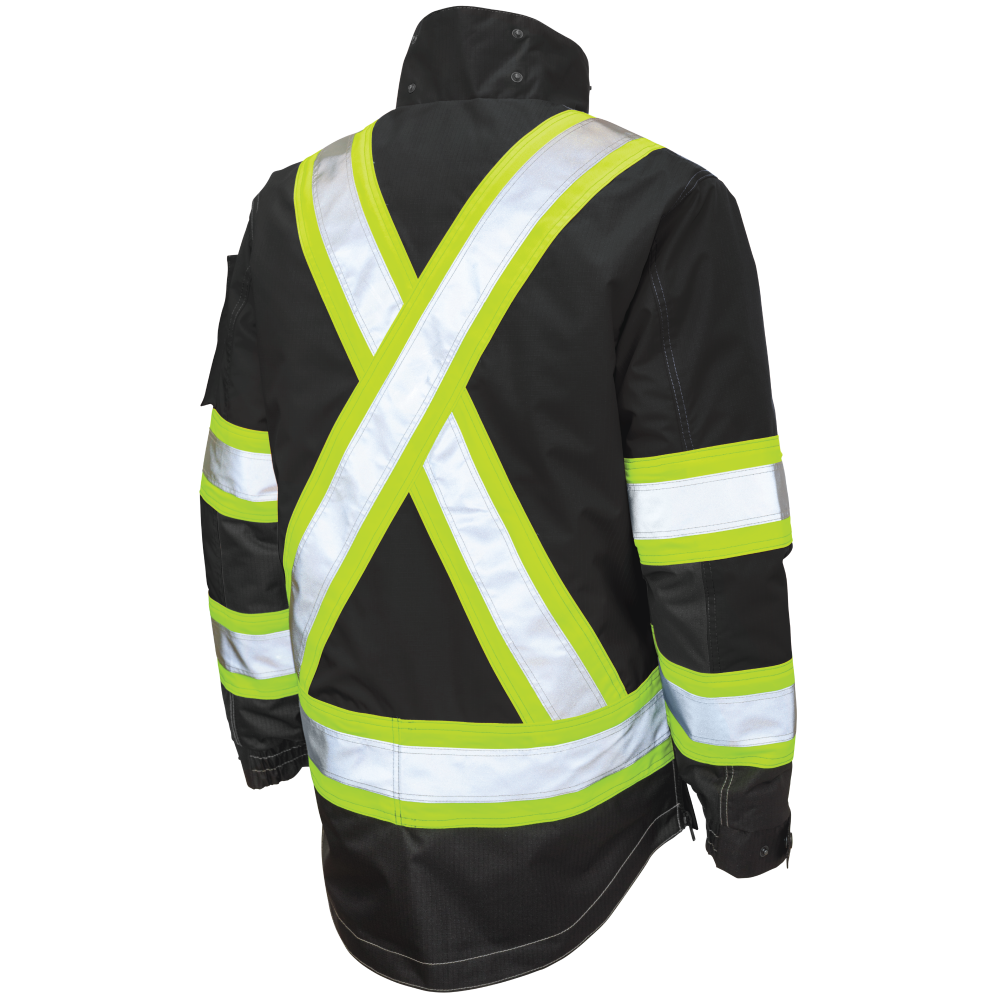 Back of Black ripstop 4-in-1 safety jacket hood removed