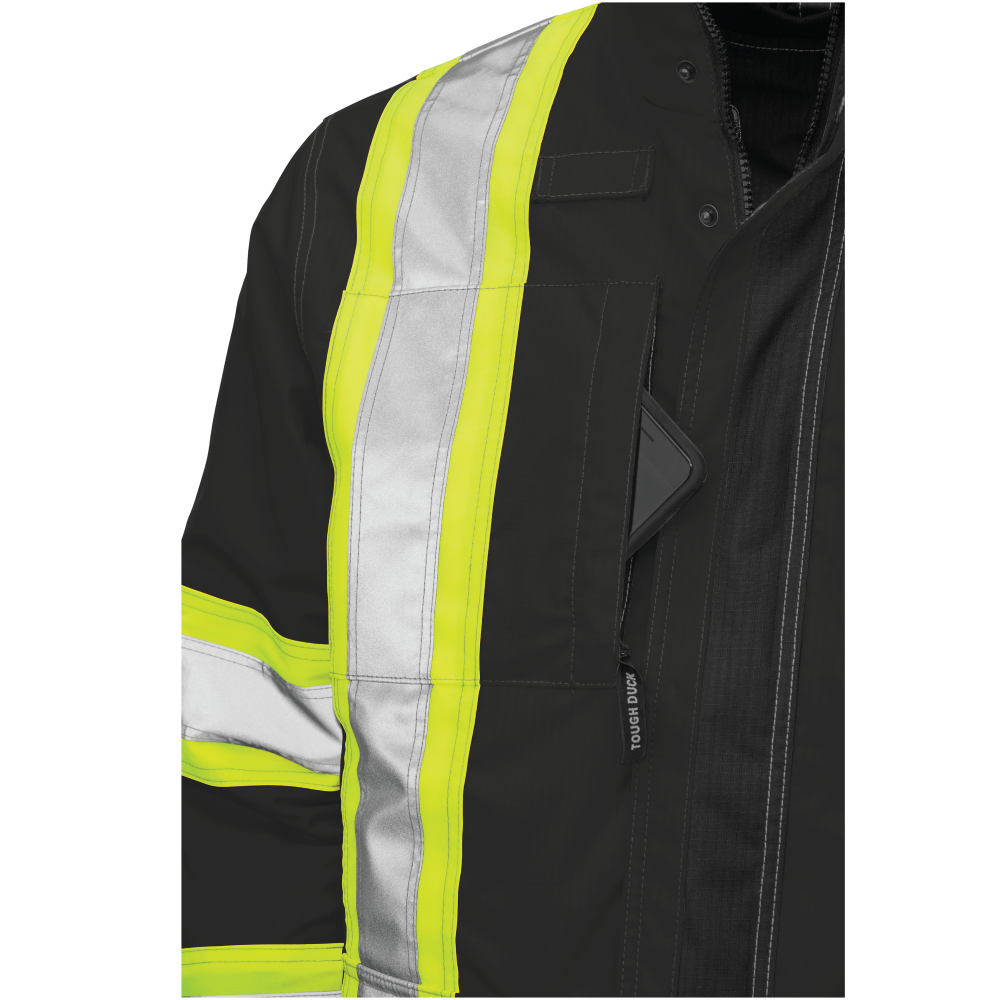 Zippered chest pocket on ripstop 4-in-1 safety jacket