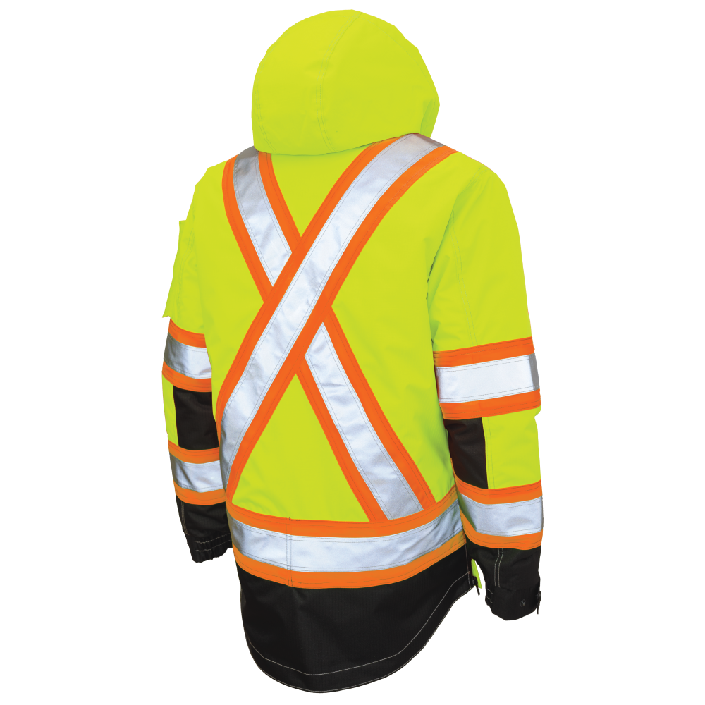 Back of Fluorescent Green ripstop 4-in-1 safety jacket
