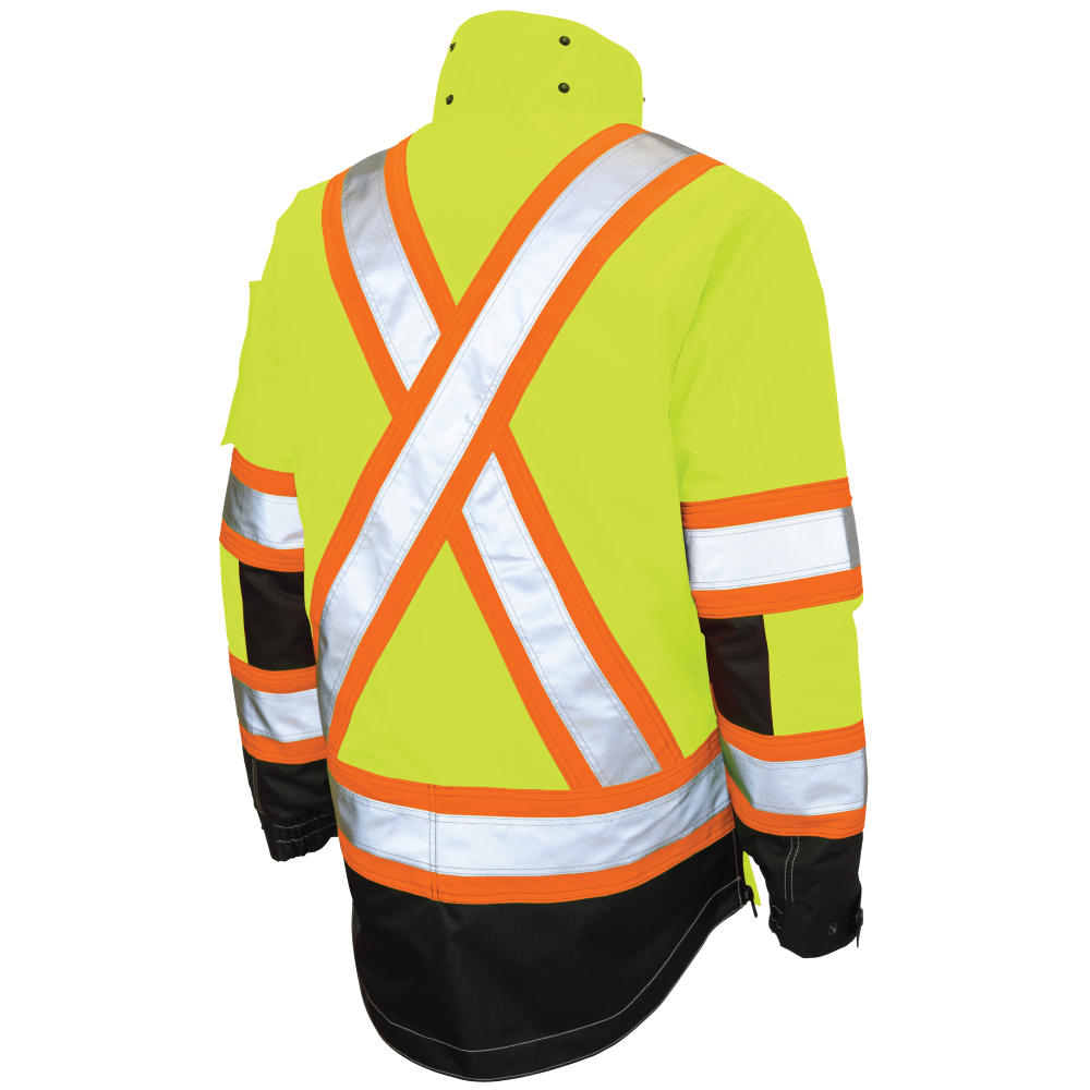 Back of Fluorescent Green ripstop 4-in-1 safety jacket hood removed