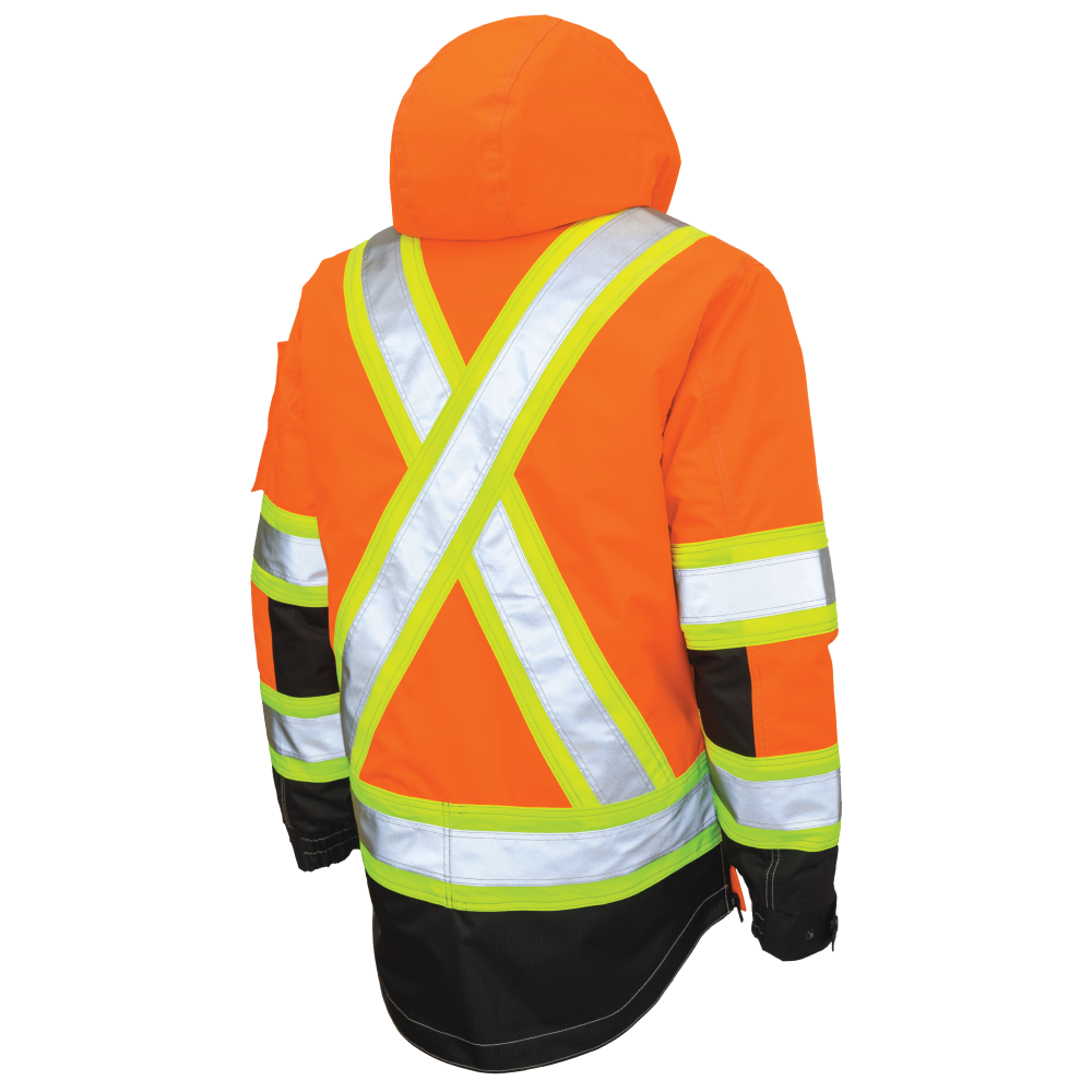 Back of Fluorescent Orange ripstop 4-in-1 safety jacket