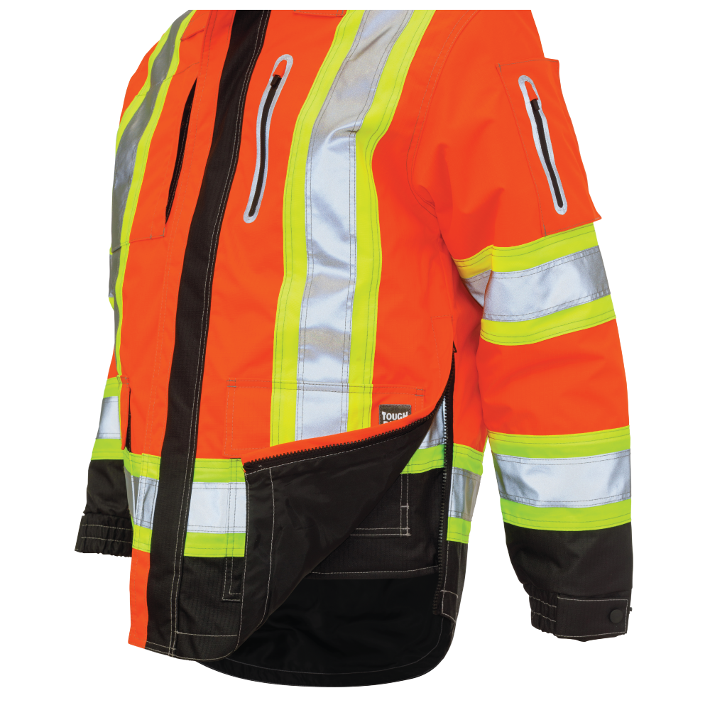Zippered side vents on ripstop 4-in-1 safety jacket