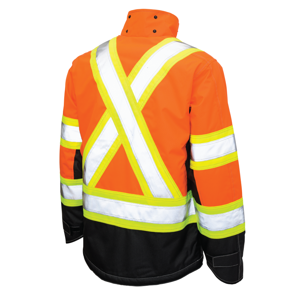 Back of Fluorescent Orange ripstop safety jacket with fleece lining hood removed