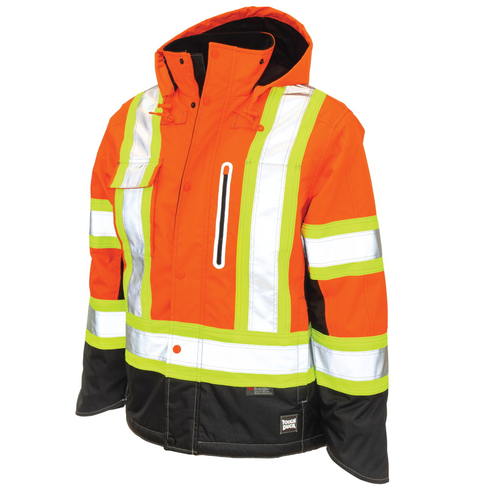 Hi-vis Fluorescent Orange ripstop waterproof fleece-lined safety jacket for road work