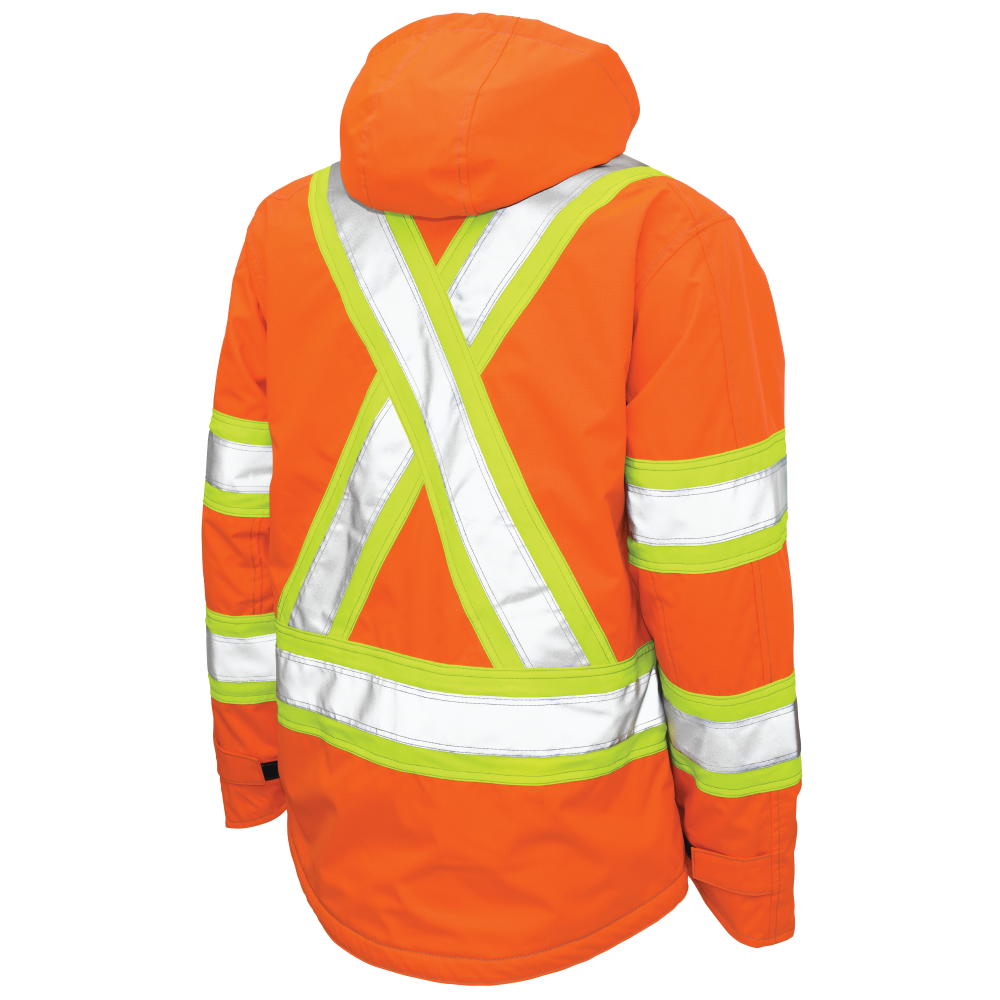 Rear view of solid orange safety jacket with reflective tape details