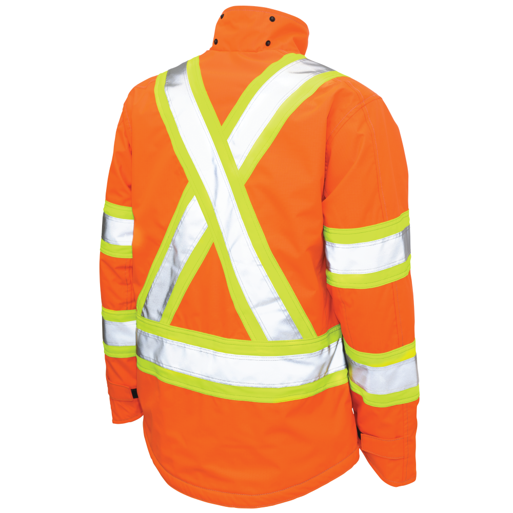 Back of Solid Orange ripstop safety jacket with fleece lining hood removed
