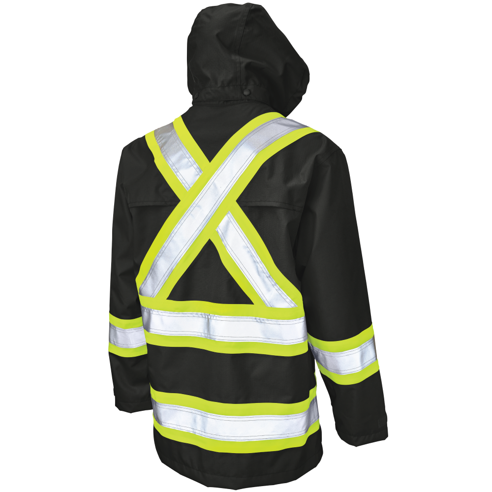 Back of Black safety rain jacket