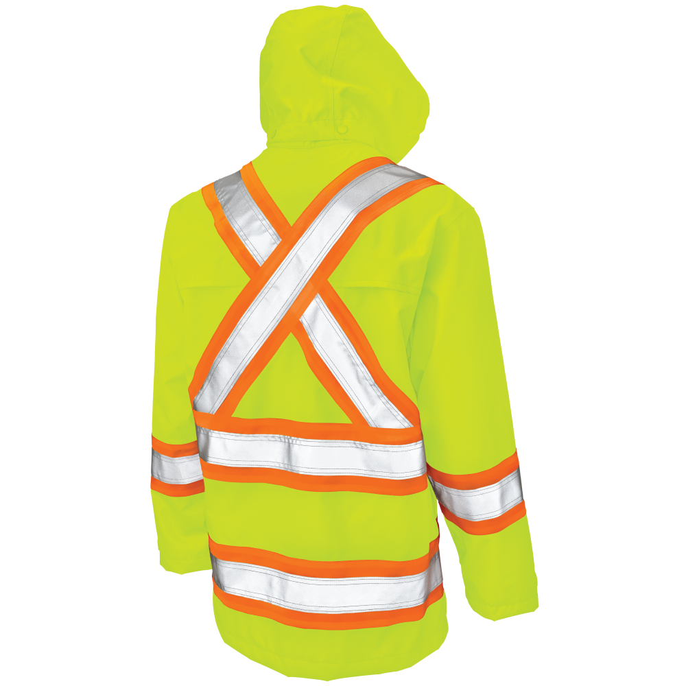 Back of Fluorescent Green safety rain jacket