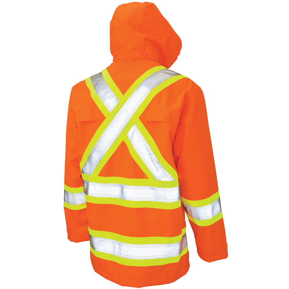 Back of Fluorescent Orange safety rain jacket