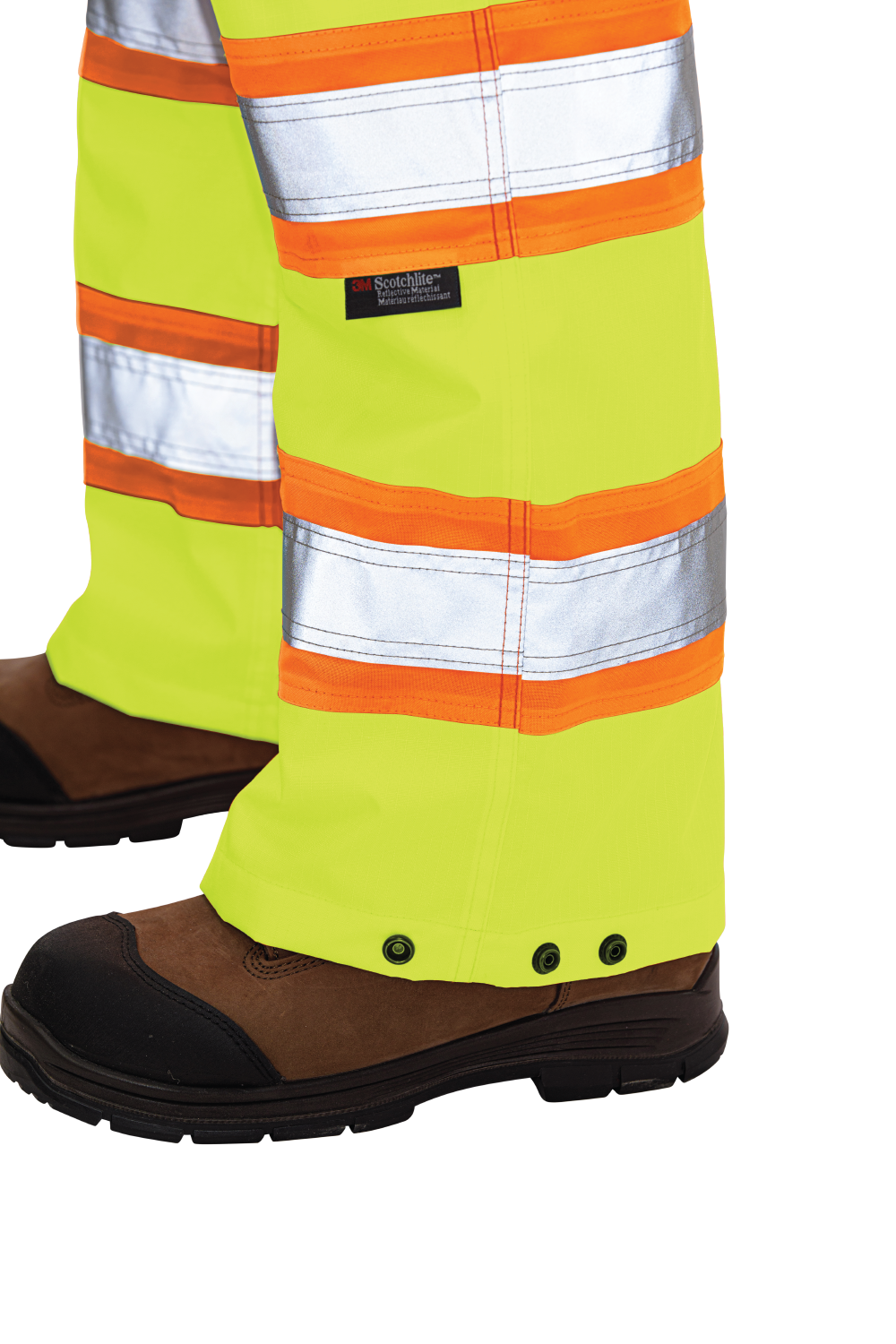 Fluorescent Green Pull-On Ripstop Safety Rain Pant S374 Adjustable snaps at hem image