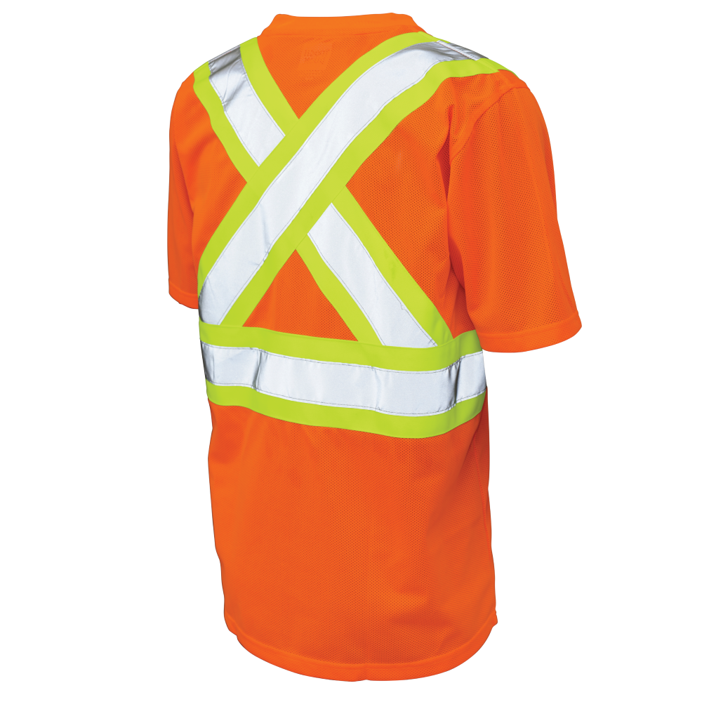 Back of Fluorescent Orange micro mesh safety t-shirt