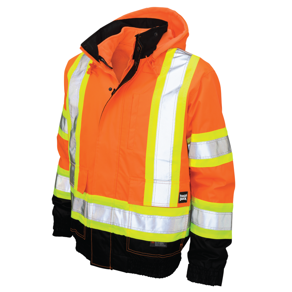 Hi-vis Fluorescent Orange 300D poly oxford 3-in-1 waterproof safety bomber jacket with fleece liner 