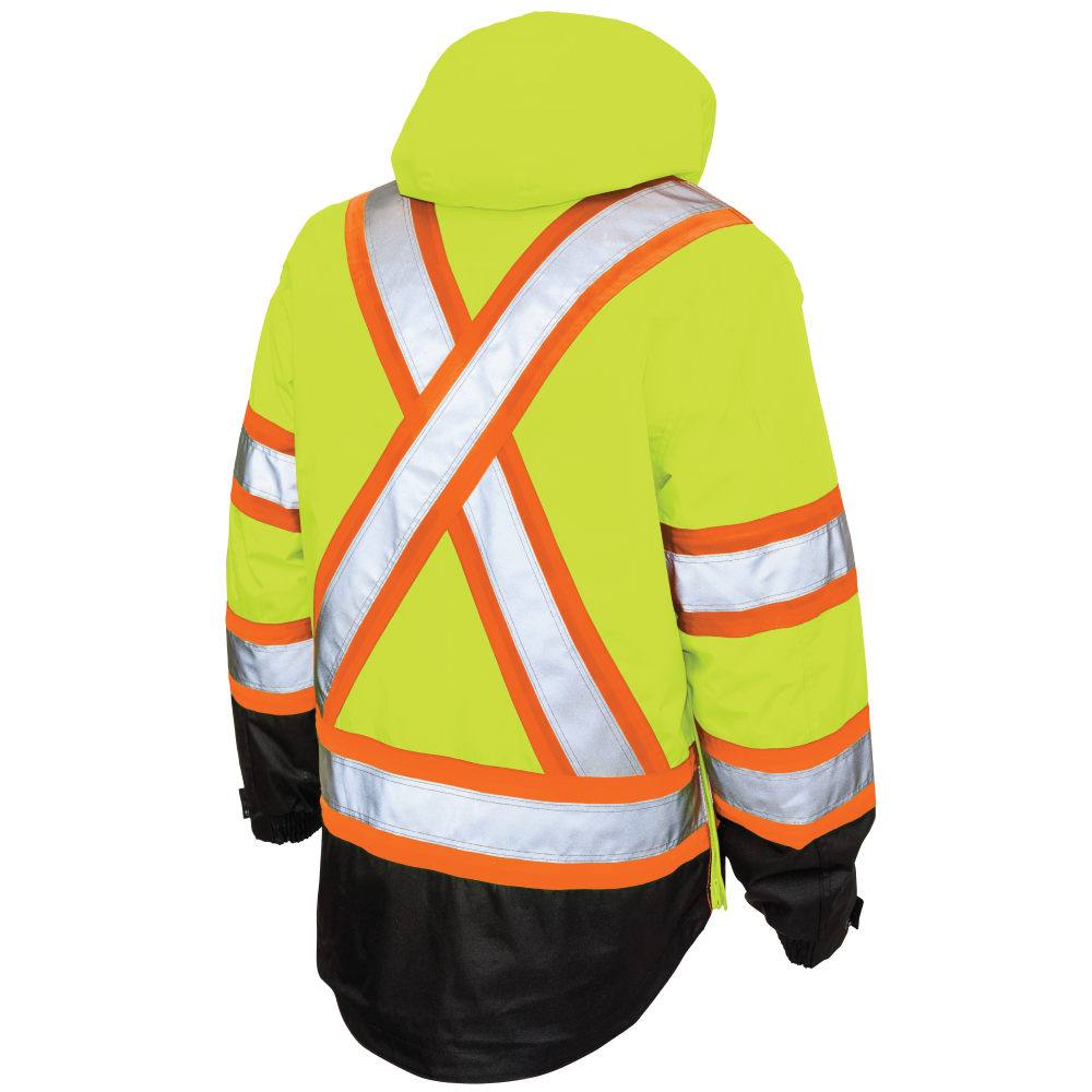 Back of Fluorescent Green poly oxford 5-in-1 safety jacket