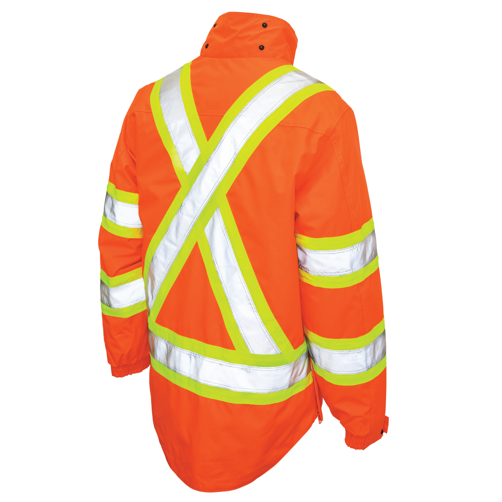 Back of Solid Orange poly oxford 5-in-1 safety jacket hood removed