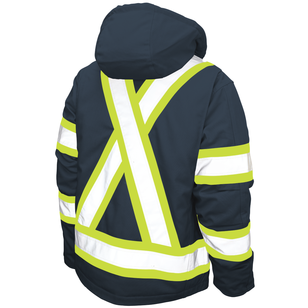 Back of Navy duck safety jacket
