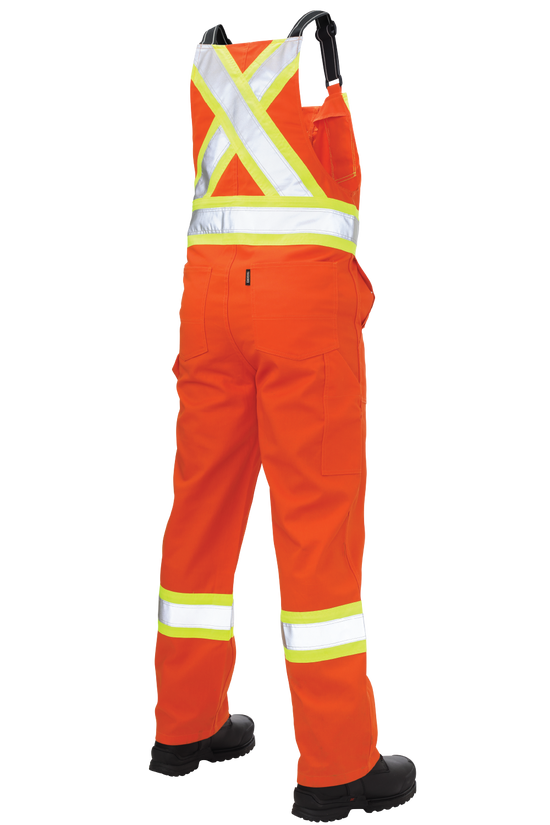 Rear view of bright orange breathable twill bibs for outdoor work safety
