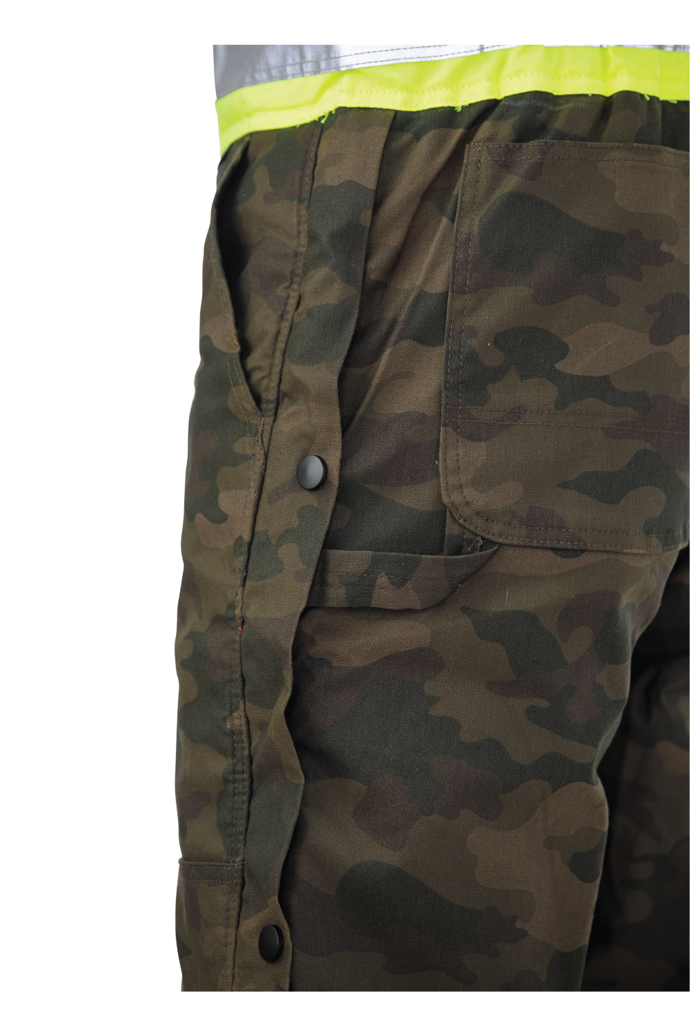 Side snaps and hammer loop on Camo duck insulated safety bib overall