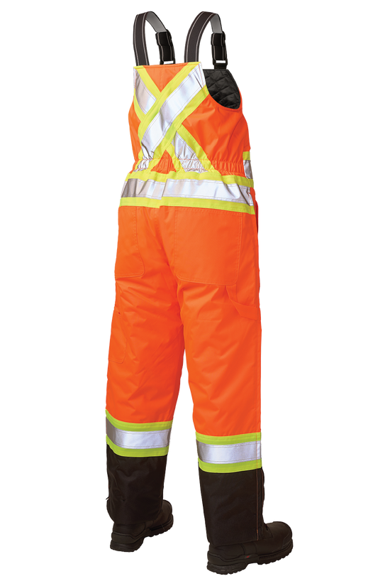 Rear view of Fluorescent Orange women's hi-vis insulated safety bib overalls.