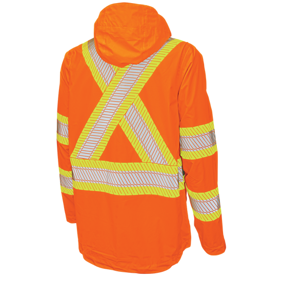Back of Fluorescent Orange packable safety rain jacket
