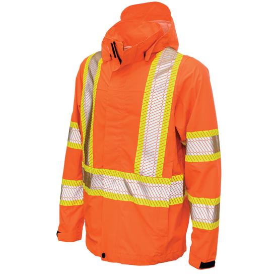 Fluorescent Orange packable safety rain jacket