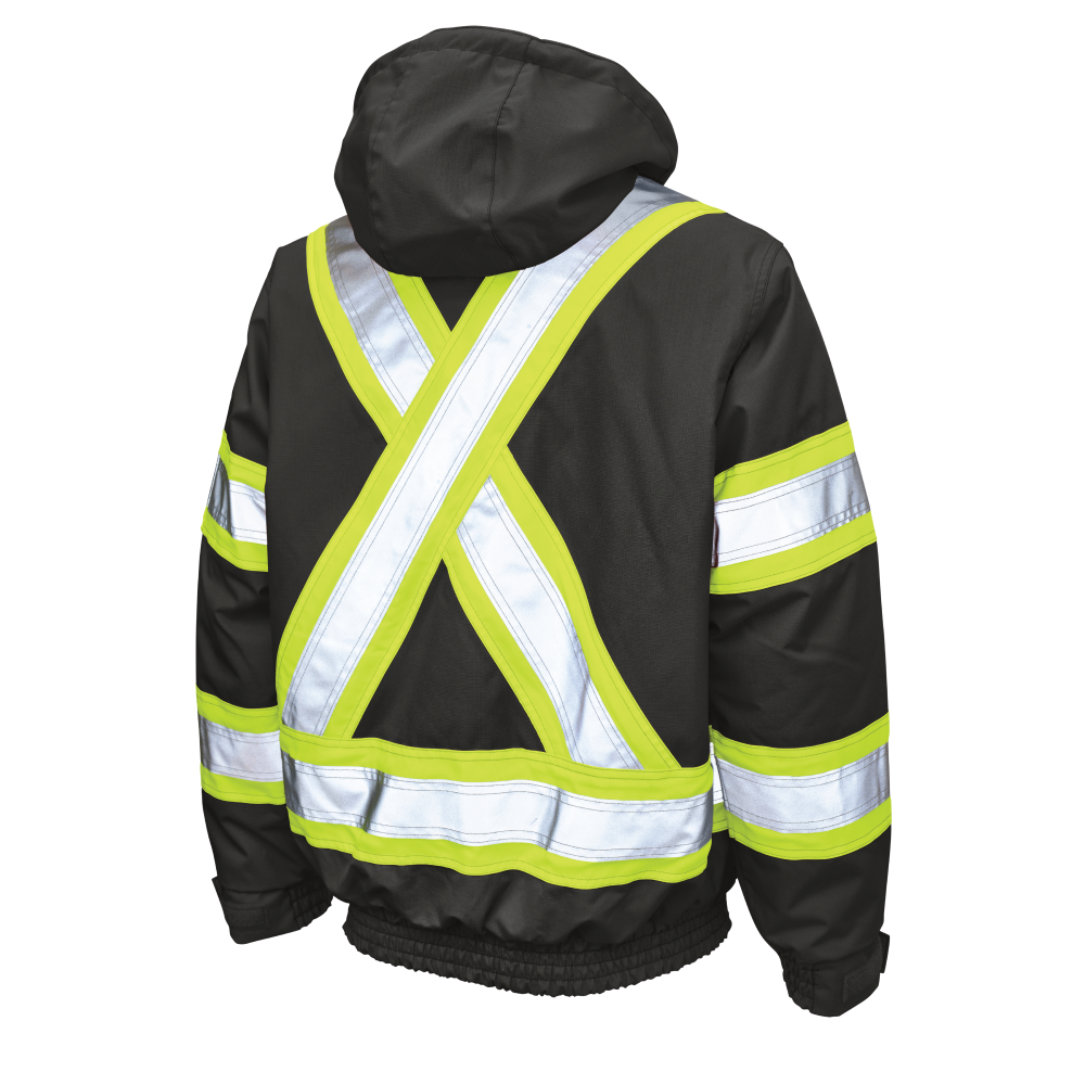 Back of Black ripstop safety bomber jacket
