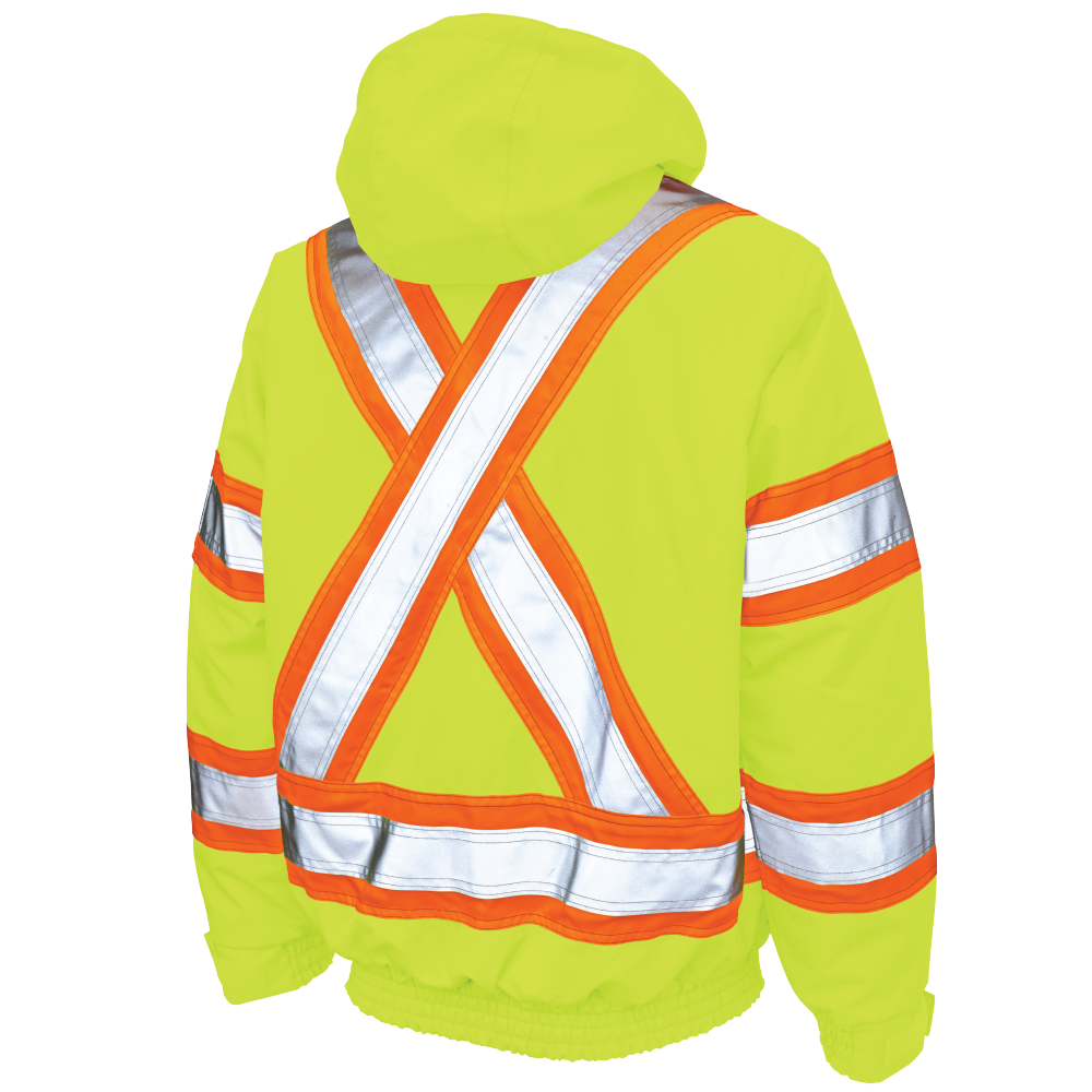 Back of Fluorescent Green ripstop safety bomber jacket