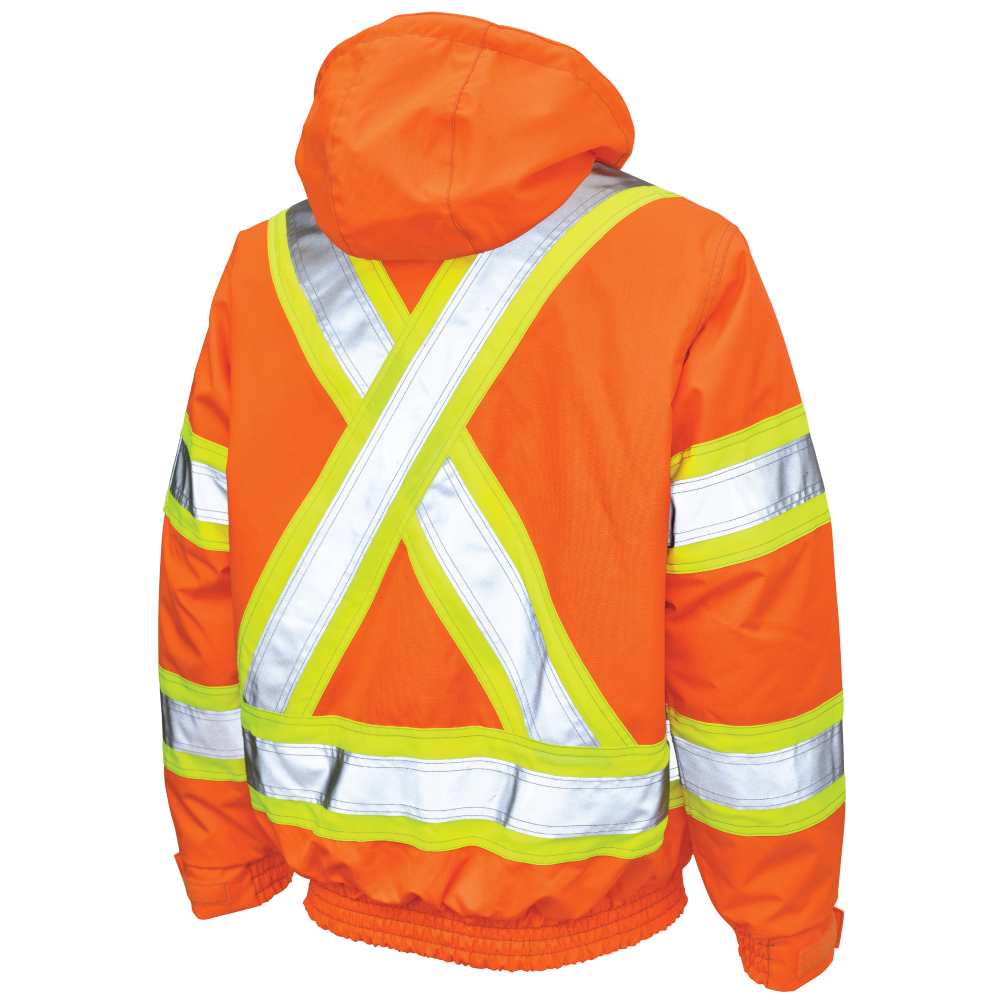 Back of Fluorescent Orange ripstop safety bomber jacket