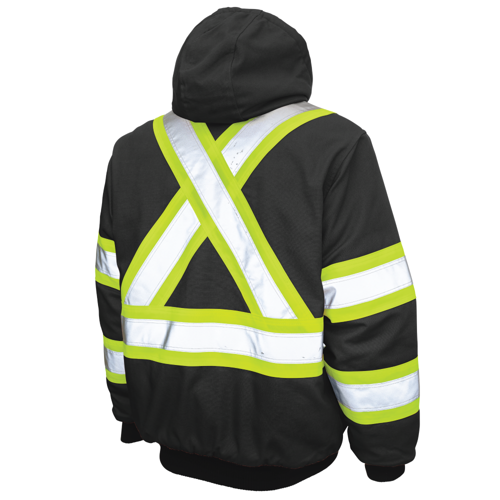 Back of Black duck safety bomber jacket