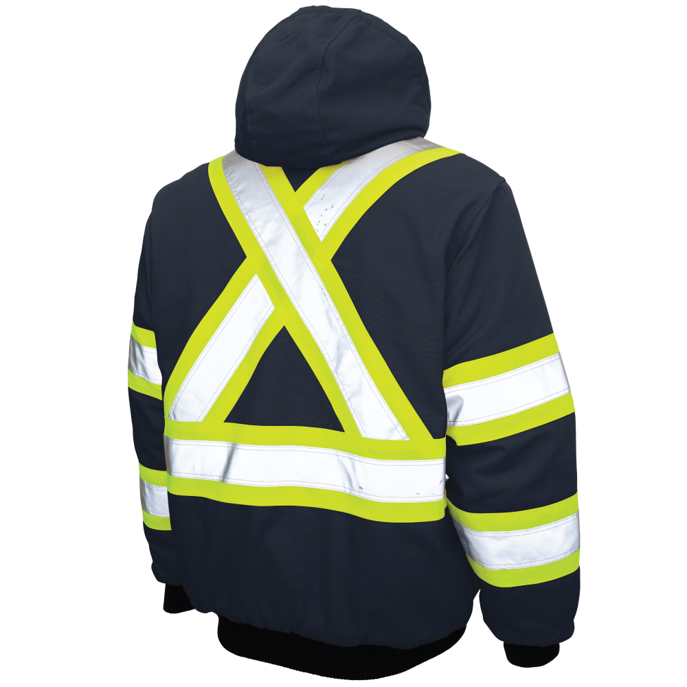 Back of Navy duck safety bomber jacket