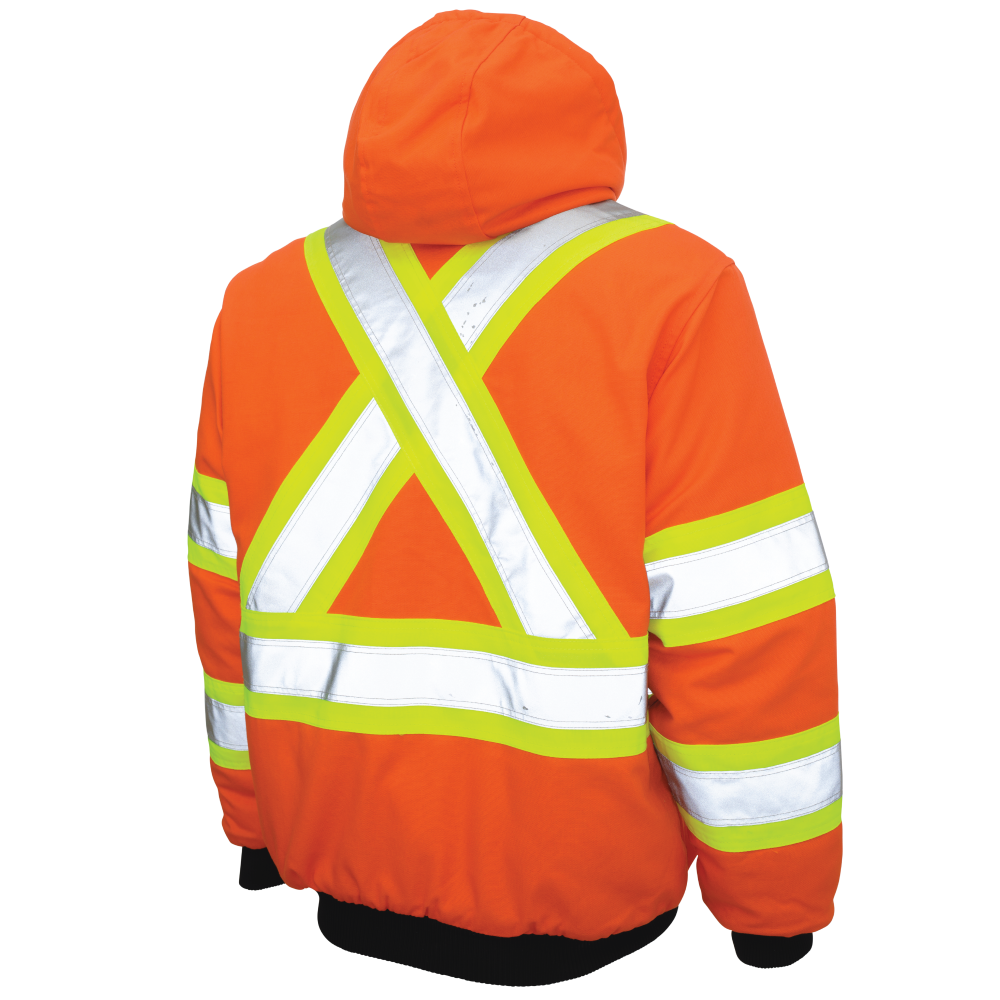 Back of Orange duck safety bomber jacket
