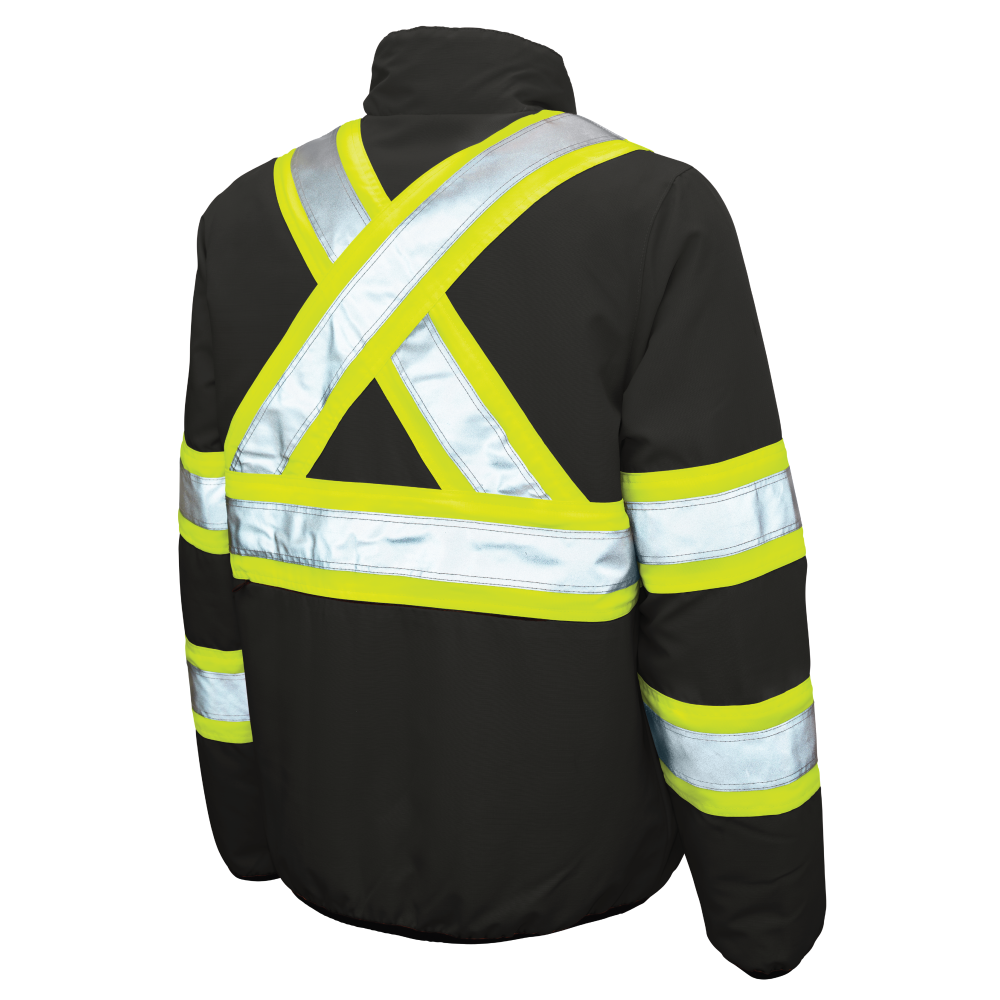 Back of Black ripstop reversible safety jacket