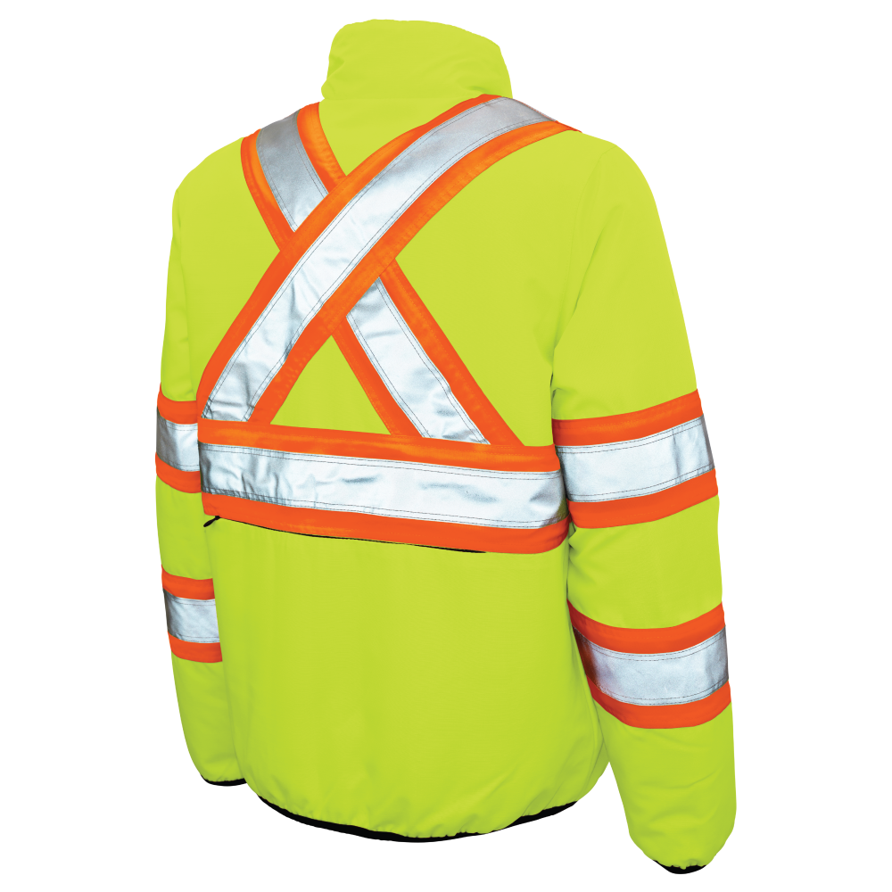 Back of Fluorescent Green ripstop reversible safety jacket