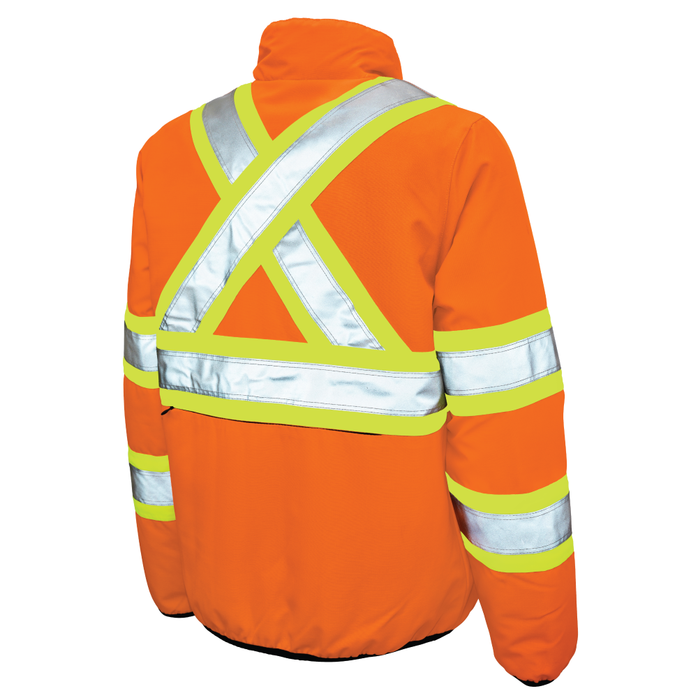 Back of Fluorescent Orange ripstop reversible safety jacket