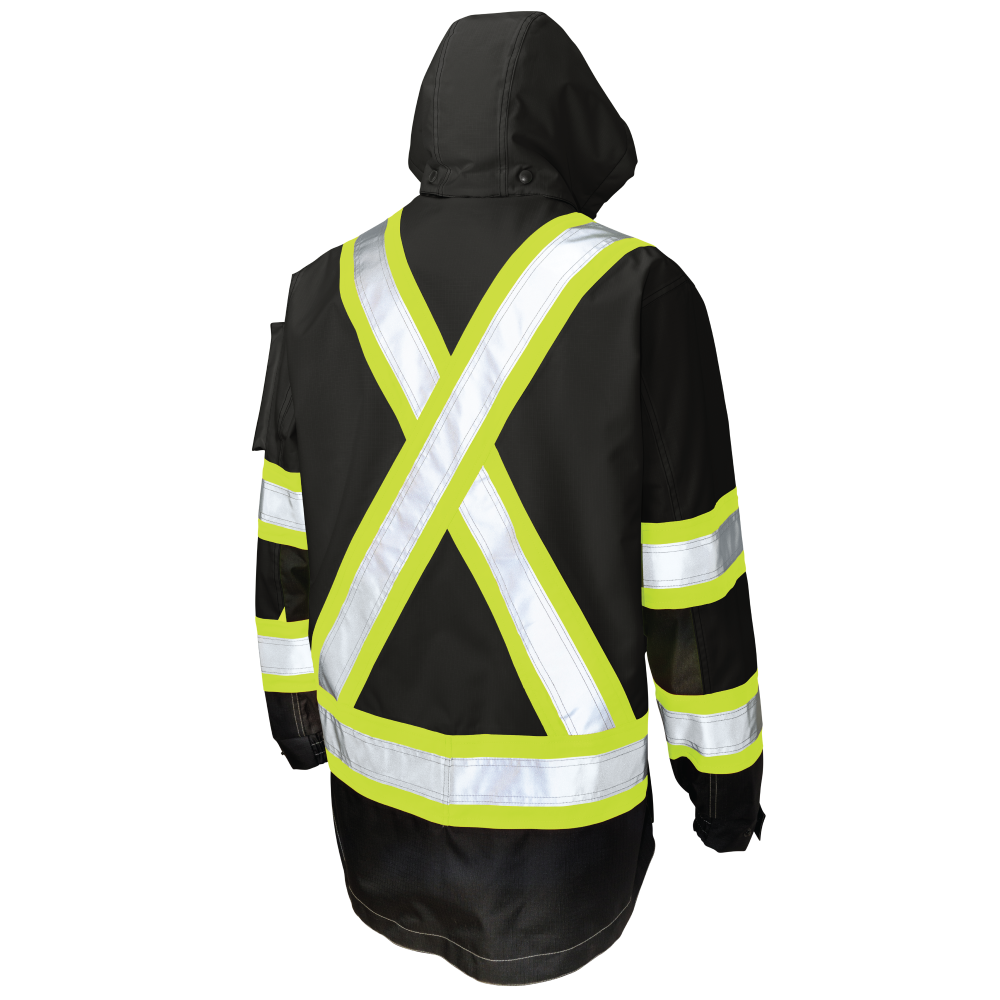 Back of Black safety shell jacket