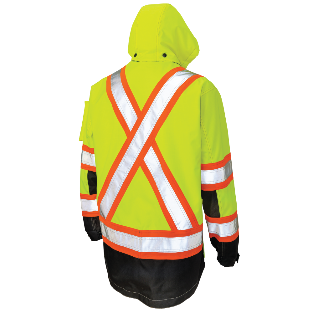 Back of Fluorescent Green safety shell jacket