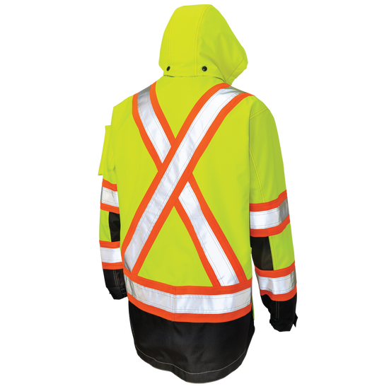Back of Fluorescent Green safety shell jacket