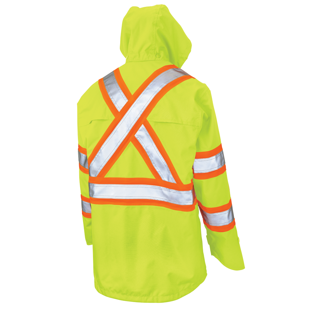 Back of Fluorescent Green premium ripstop safety jacket