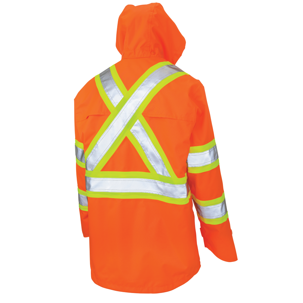 Back of Fluorescent Orange premium ripstop safety jacket